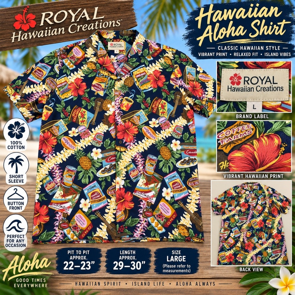 Royal Hawaiian Creations Mens Aloha Shirt Large Blue Cotton Coffee Snack Print